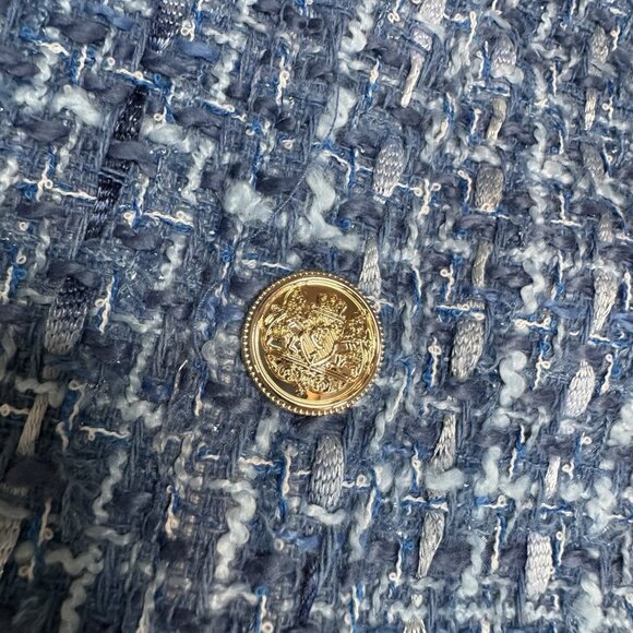 LOFT Womens Tweed Mini Pocket Dress 12 Blue Gold Buttons Fringe Old Money 60s - Picture 8 of 16